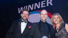 (L-R) Presenter Mike Pitts, interim challenge director, Innovate UK, Mitsubishi Electric’s Marc Overson and compere Michaela Strachan